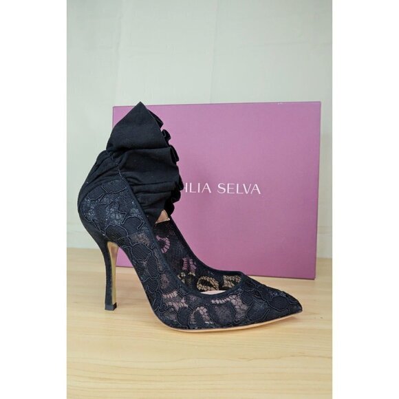 NWT Dahlia Selva Black Lace Pumps Frills For All Size 6 Euro 37 Italy MSRP $795 - Picture 3 of 13